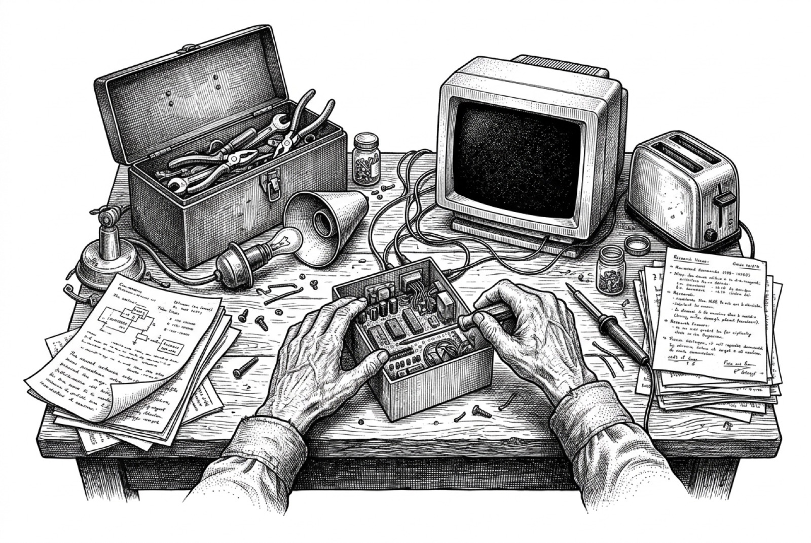 Old hands working on a small computer at a cluttered repair table beside a toolbox and a broken lamp.