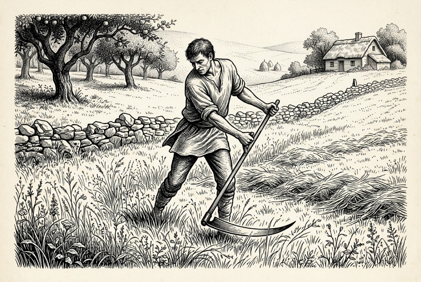 A man mowing hay with a scythe in a meadow beside a stone wall and an orchard.