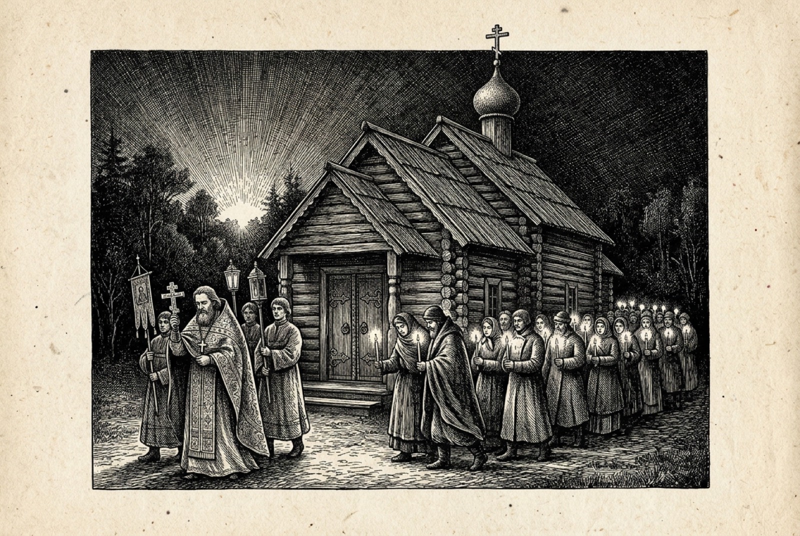 A candlelit procession at night around a small wooden church, light breaking behind its dome.